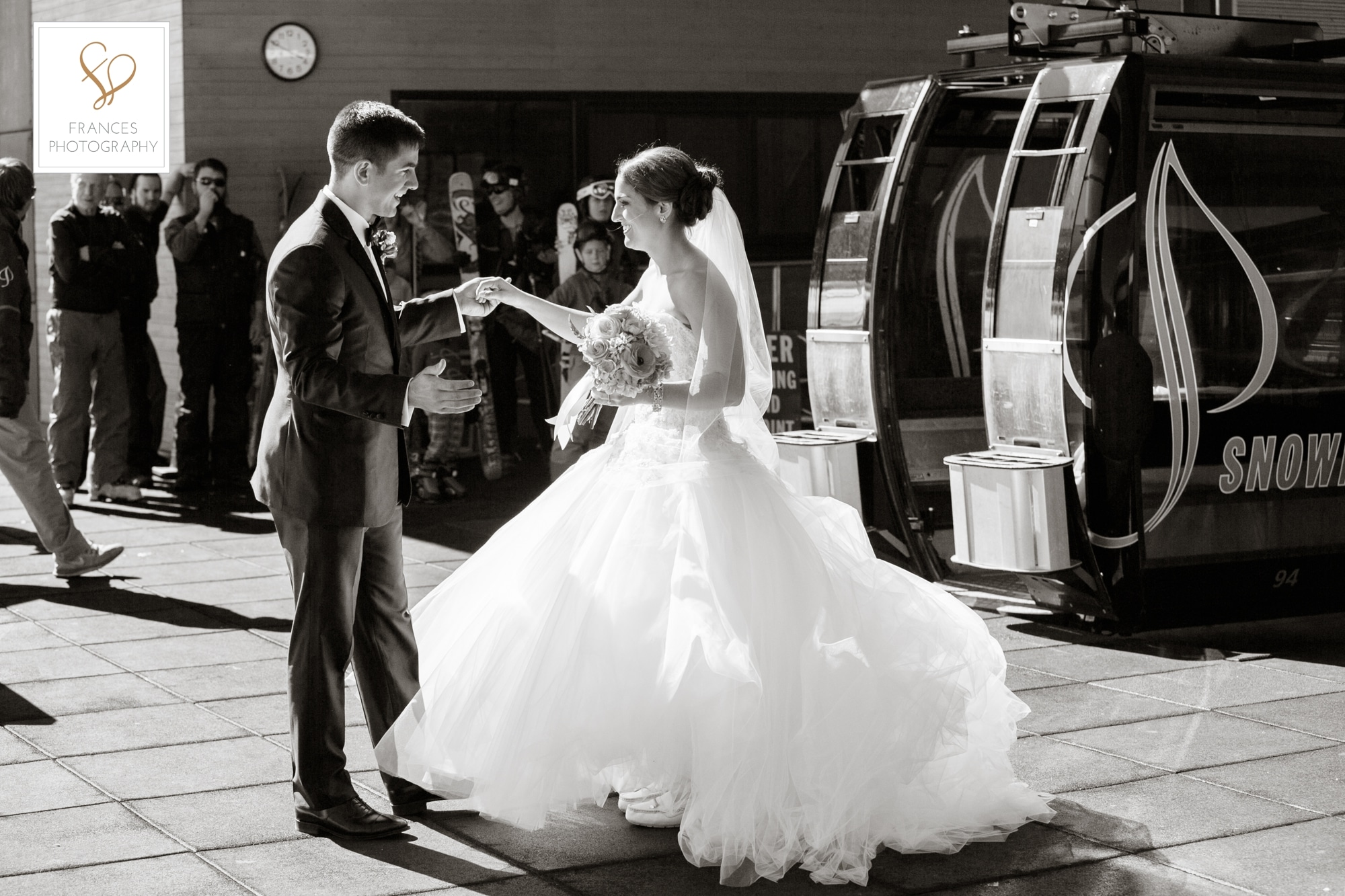 Wedding photo bride groom ski lift